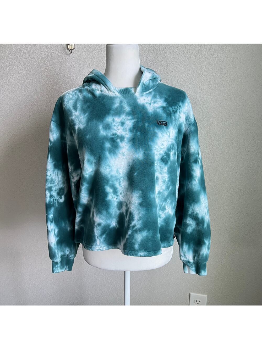 Vans Green Tie-Dye Fleece Lined Hoodie Pullover Sweatshirt Women's Medium Crop